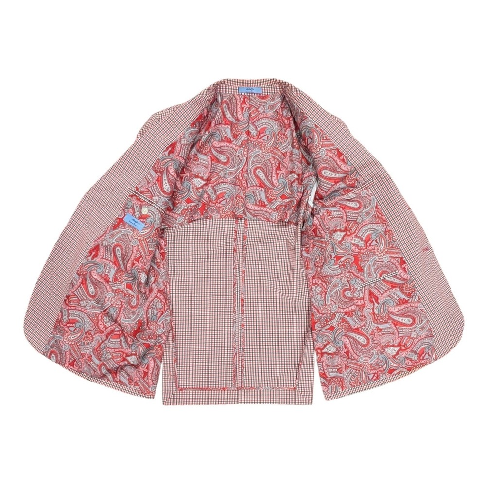 Adolfo Blazer 38R Cotton Crimson Red Gingham Summer Breeze Paisley Elbow Patches - Picture 13 of 15